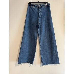 Zara The Marine Straight Wide Leg Jeans Womens 27 Medium Wash High Rise Raw Hem